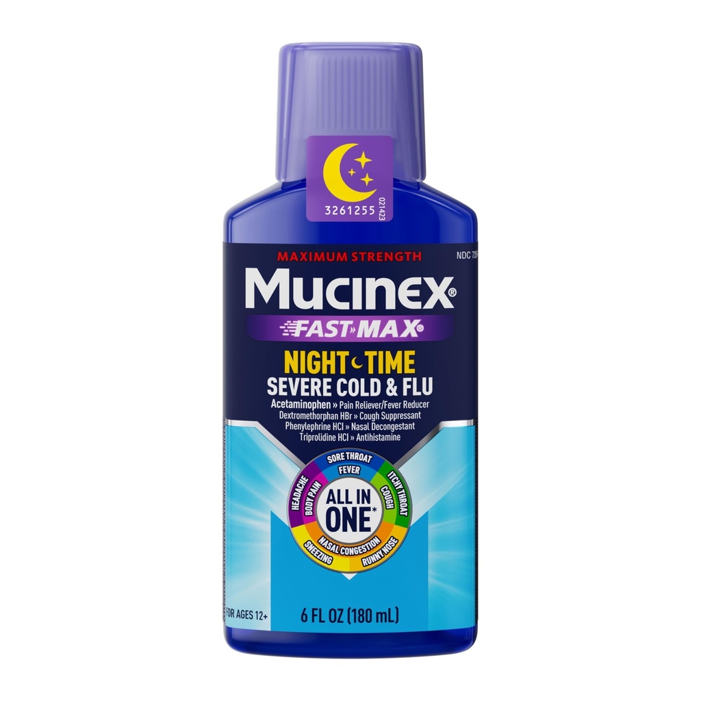 Mucinex Nightshift Maximum Strength Severe Cold & Flu, Nighttime Multi-Symptom Relief, Pain Reliever, Fever Reducer, Cough Suppressant, Nasal Decongestant, Antihistamine, 6 FL OZ