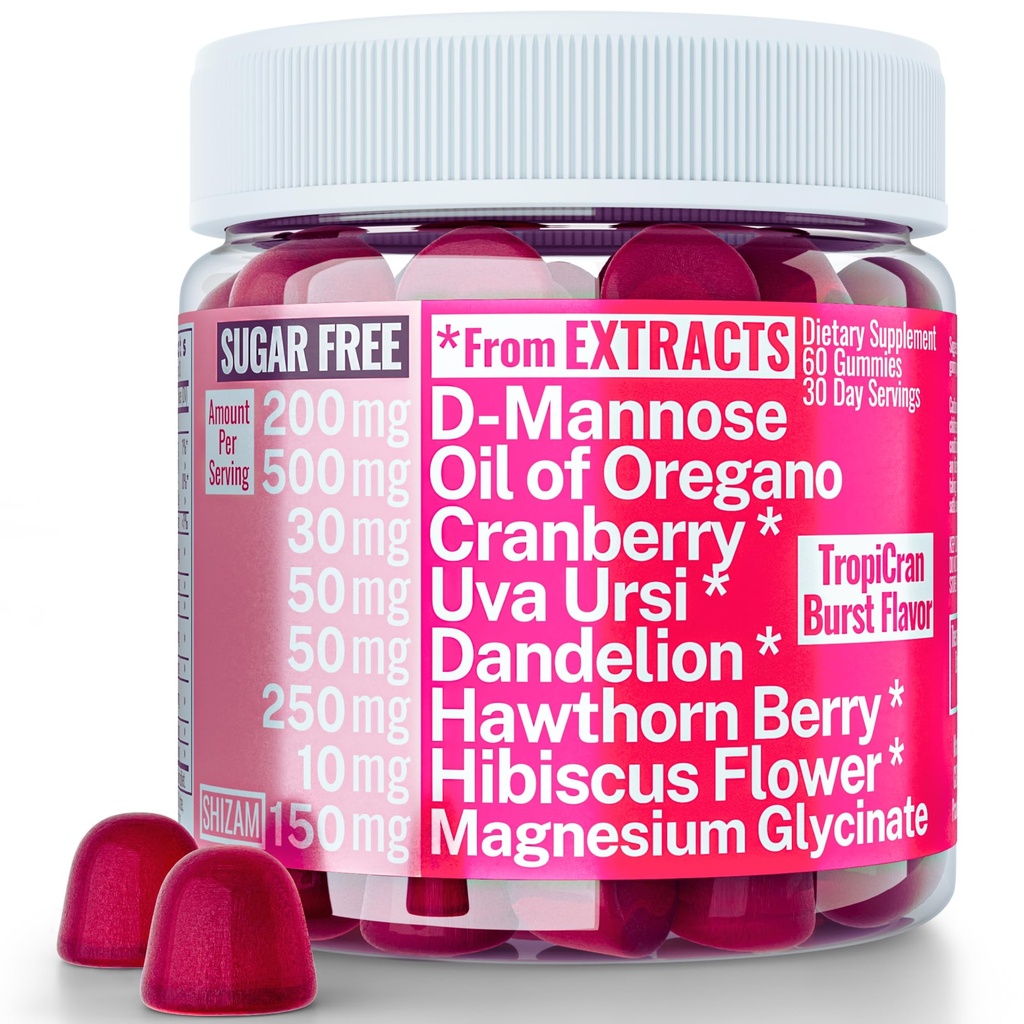 SHIZAM Oil of Oregano D-Mannose Dandelion Root Hawthorn Berry Extract Uva Ursi Gummies with Hibiscus Cranberry Magnesium Glycinate for Women