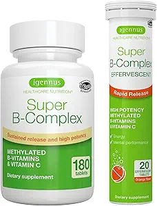 Super B-Complex Bundle, 180 Sustained-Release Tablets & 20 Orange Flavor Effervescent Tablets for Fast Energy On The Go, by Igennus