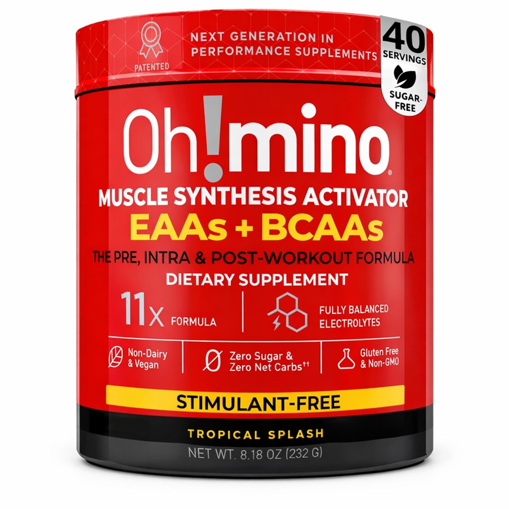 Oh!mino BCAAs + EAAs, All 9 Essential Amino Acids for Muscle Growth & Recovery, Tropical Flavor, Stimulant-Free, Sugar-Free Pre/Intra Post Workout Supplement, Non-GMO