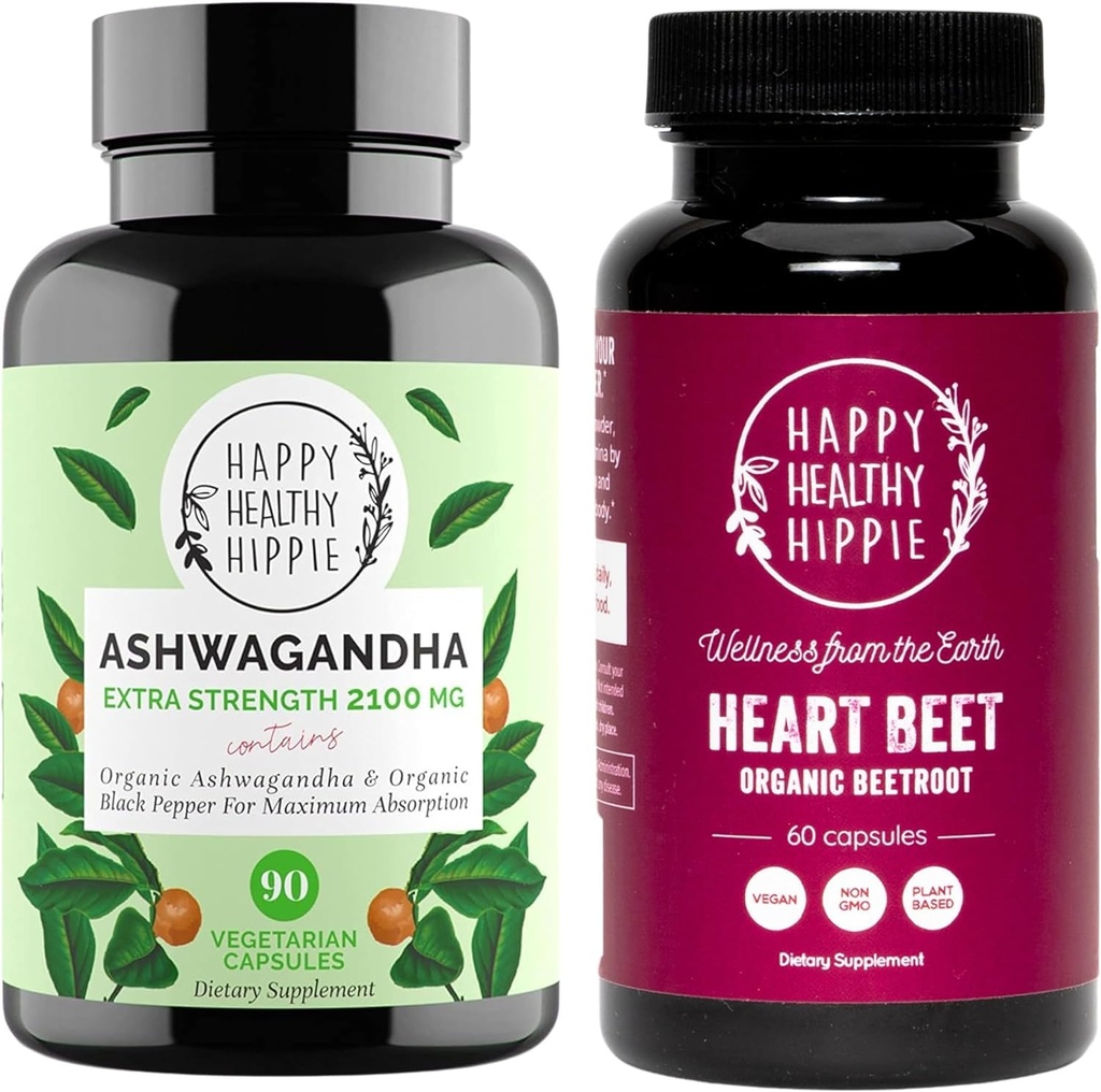 Happy Healthy Hippie Beetroot Capsules & Organic Ashwagandha Stress Support Supplement Capsules