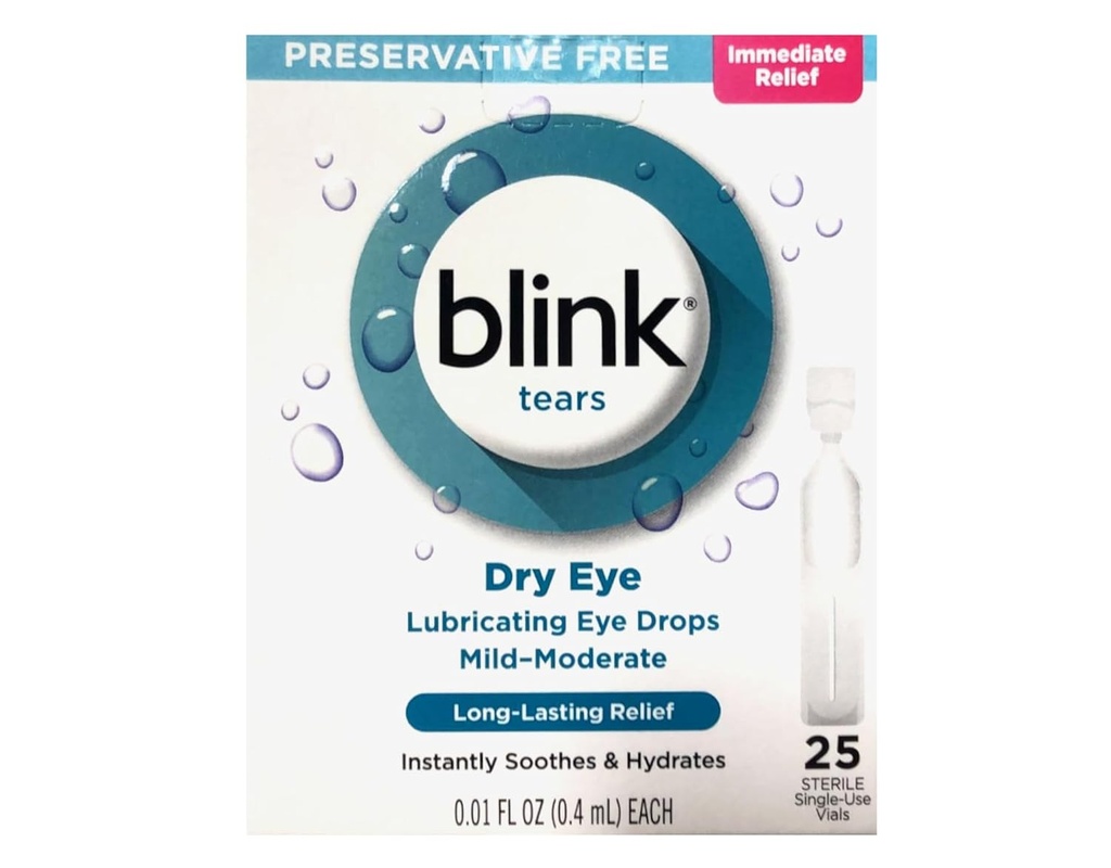 BLINK Tears Eye Drops for Dry Eyes, Preservative Free Lubricating Eye Drops, Sterile Single Use Vials, Gentle Eye Care for Mild to Moderate Dry Eye Symptom Relief, 25 Count, 0.01 fl oz Vials