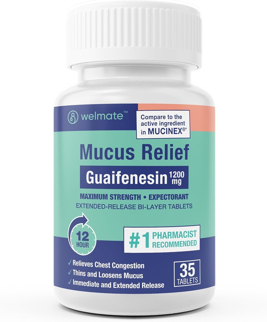 WELMATE - Guaifenesin 1200mg (35 Tablets) - Mucus Relief - Expectorant - Cough & Cold - 12 Hr Support - Extended-Release Bi-Layer Tablets - Over-The-Counter Medication