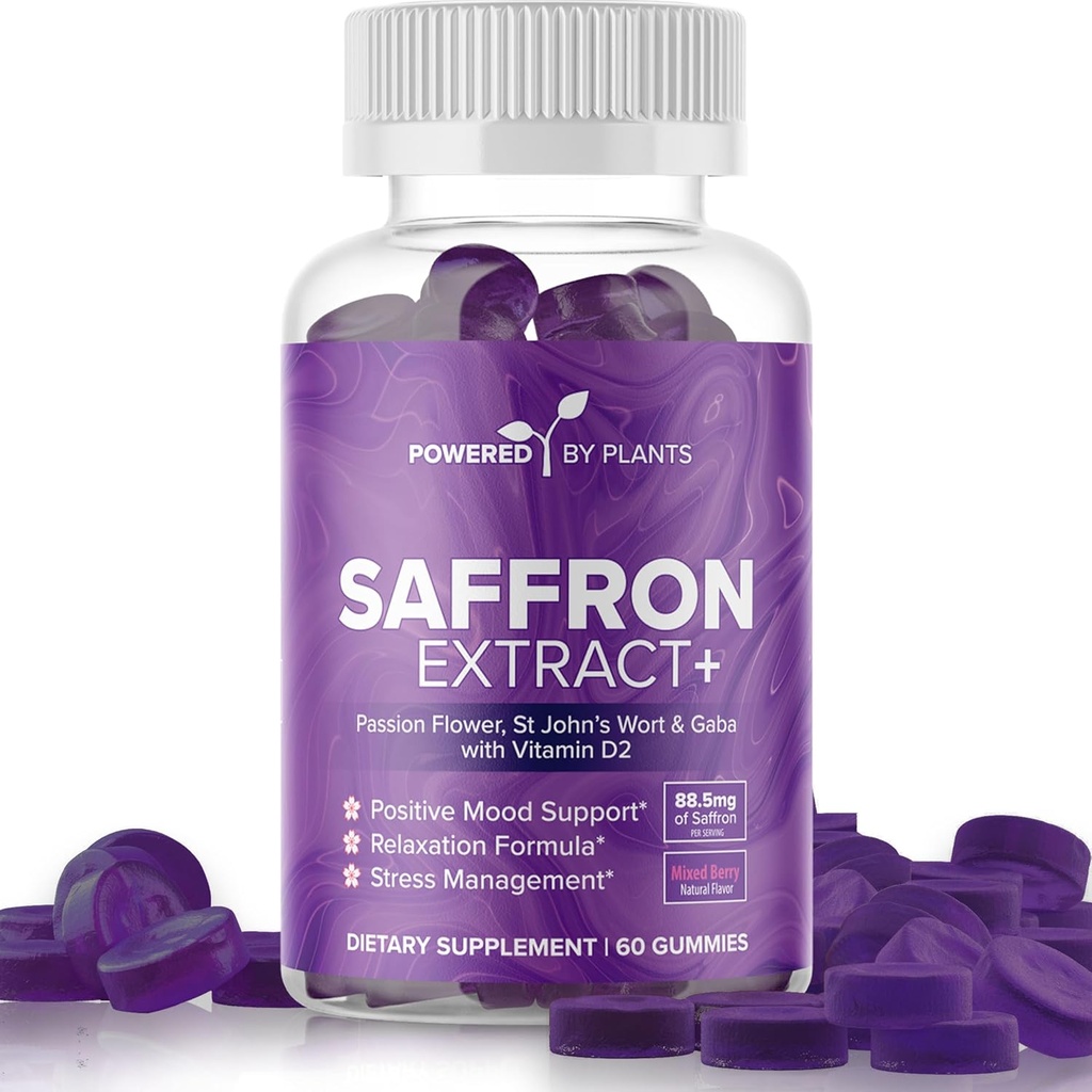 Saffron Extract Gummies with Passionflower & Vitamin D2 - Saffron Supplements for Mood Support, Digestion, & Energy 60 Servings