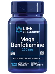 Life Extension Mega Benfotiamine, 250 mg, a fat-soluble form of thiamine, healthy metabolism, ultra-bioavailable vitamin B1, high potency, gluten-free, non-GMO, vegetarian, 120 capsules
