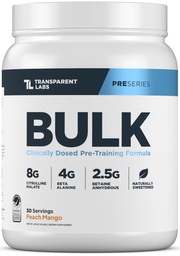 Transparent Labs Bulk Pre Workout Powder - Naturally Sweetened Preworkout for Men & Women, Pre Work Out for Muscle Building & Strength w/Beta Alanine & BetaPure - 30 Servings, Peach Mango