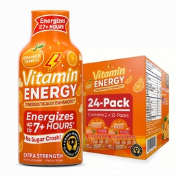 Vitamin Energy Orange Tango Extra Strength Energy Shot, 24 Pack - Up to 7 Hrs, 260mg Natural Caffeine, Zero Sugar - Green Tea Extract, Immune Support, B12 B6 Niacin, 1.93 fl oz, Keto Vegan