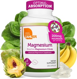 Zahler - Magnesium Supplement Capsules 200 mg (250 Count) Certified Kosher Bioactive Magnesium Citrate for Max Absorption - Natural Magnesium Mineral for Men & Women - Best Magnesium Supplements