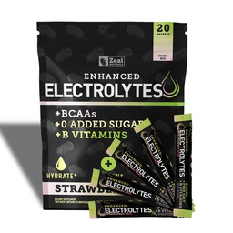 Enhanced Electrolyte Powder Stick Packs (Strawberry Kiwi | 20 Packets) w/ 0 Sugar +BCAAs +B-Vitamins Electrolyte Supplement w Potassium Zinc & Magnesium for Hydration - Keto Electrolytes