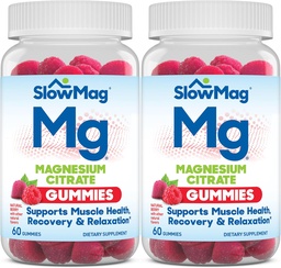 SlowMag Magnesium Citrate Gummies, 60 Count, Supports Muscle Health, Natural Berry Flavor, Recovery & Relaxation Pack of 2