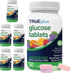 TRUEplus® Glucose Tablets, Assorted Flavor (Grape, Raspberry, Orange) - 50ct Bottle - 6 Pack