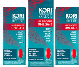 Kori Krill Oil Omega 3 Supplement, Antarctic Krill Oil with Superior Absorption vs Fish Oil, 1200mg Softgels, 30 Softgels, EPA & DHA (Pack of 3)