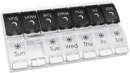 EZY DOSE Push Button (7-Day) Pill Case, Medicine Planner, Vitamin Organizer, 2 Times a Day AM/PM, Removable Trays, Large Compartments, Arthritis Friendly, Spring Open Black and White Lids, BPA Free