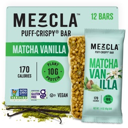 Mezcla Puff-Crispy Plant Based Protein Bars - Matcha Vanilla - Healthy Snacks for Adults & Matcha Latte Fans - Best School, Travel, Office Snacks - Gluten Free, Vegan, Non GMO, 10g Protein - 12 Count