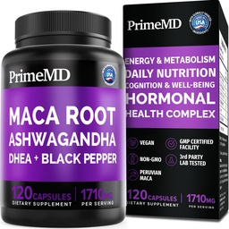 6-in-1 Organic Maca Root Ashwagandha Capsules 1710mg with DHEA and Black Pepper Fruit Extract for Women and Men - Black Maca Supplement for Stamina, Bone and Mood Support Supplement, 120 count