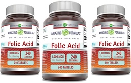 Amazing Formulas Folic Acid 1000 mcg (1 mg) Tablets Supplement | Vitamin B9 | Non-GMO | Gluten Free | Made in USA (240 Count | 3 Pack)