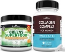 Super Greens Powder with Probiotics Prebiotics and Digestive Enzymes (30 Servings) Plus Hydrolyzed Collagen Peptide Capsules (45 Day Supply)