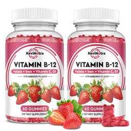 Vitamin B12 Complex Gummies - 5000 mcg Methylcobalamin with Iron, Vitamin C, D3 & Folate, Energy Support & Metabolism, Immune, B-12 Chewable Supplement for Men & Women, Strawberry Flavor, 2 Pack