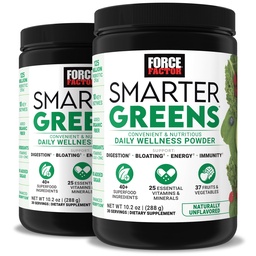 Force Factor Smarter Greens Daily Wellness Powder 2-Pack to Support Energy, Immunity & Digestion, Superfood Greens Powder with Vitamins, Minerals & Probiotics, Unflavored, 60 Servings
