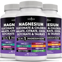 NEW AGE Magnesium Supplement -Powerful Glycinate Citrate Malate Oxide Taurate Aspartate Gluconate Orotate & Mag Chloride Manganese Bone Health and Bone Strength, Joint Support- 270 Count