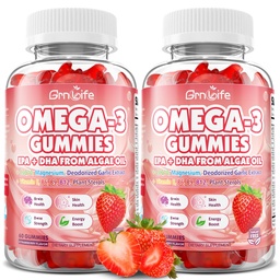 2 Pack Vegan Omega 3 Gummies 1000mg+CoQ10+Magnesium - w/Algae EPA 600mg & DHA 400mg, Fish Oil Omega-3 Supplements Alternative for Adults, for Brain, Eye, Immune Health, Strawberry Flavor, 120 Count