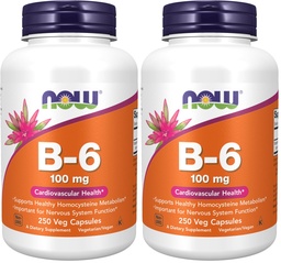 NOW Foods Supplements, Vitamin B-6 (Pyridoxine HCl) 100 mg, Cardiovascular Health, 250 Veg Capsules, (Pack of 2)