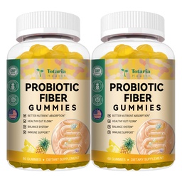 Totaria Probiotic Fiber Gummies, Pineapple Flavor, 60 Gummies per Bottle, 2 Bottles