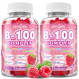 2 Pack Vitamin B Complex Gummies, All B Vitamins + Methyl B12, B1, B2, B3, B5, B6, Biotin, Methylfolate, Vitamin C, Choline, Inositol, PABA for Energy & Immune Support, Raspberry, 120 Count