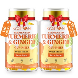 Turmeric Curcumin with Ginger Gummies, Vegan Formula with Fermented Turmeric & Black Pepper, Joint Comfort & Mobility, Sugar-Free with Vitamin D3 + K2, Natural Peach Flavor – 150 Gummies (2 Bottles)