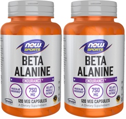 NOW Foods Sports Nutrition, Beta-Alanine 750 mg, Delays Muscle Fatigue*, Endurance*, 120 Veg Capsules,(Pack of 2)