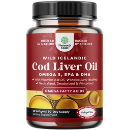 Icelandic Wild Caught Cod Liver Oil Softgels - Fish Omega 3, EPA, DHA, Vitamin D & A, 1000mg Per Serving - Burpless Capsules for Healthy Heart, Healthy Joints, Brain & Immune Support - 60 Count
