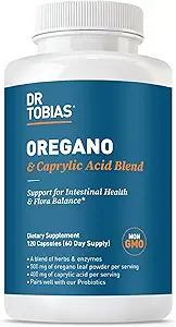 Dr. Tobias Oregano and Caprylic Acid Blend, Gut Flora Balance Complex with Probiotics & Enzymes for Intestinal and Immune Support, Gut Health Supplements for Women & Men, 120 Capsules, 60 Servings