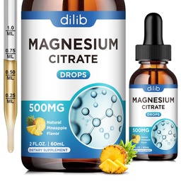 Magnesium Citrate Liquid Magnesium Drops Supplement 500mg-Support Stress Relief, Bone, Muscle, Mood, Sleep-2 Fl Oz, Vegan, Pineapple Flavor