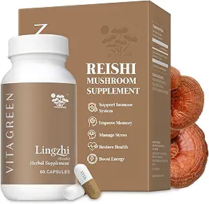 Vita Green Lingzhi Mushroom Supplement - Immune Support & Natural Energy Capsules - Red Reishi Mushroom Powder - Pure 5 Defenders Blend - 60 Capsules