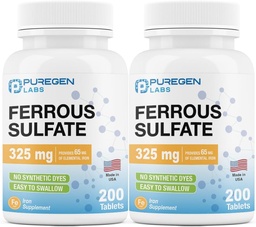 Puregen Labs Ferrous Sulfate 325 mg (65 mg Elemental Iron) High Potency Iron Supplement | No Artificial Color Additives - Total 400 Tablets Made in USA