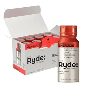 Ryde: Energize Shot | Tropical Flavor | Green Tea Caffeine, Taurine, Ginseng Extract & B Vitamins | 0 Calories, 0 Sugar | 2 FL OZ Shots | Boosts energy* (8 Pack)