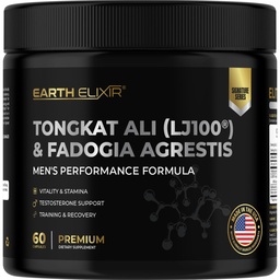Earth Elixir LJ100 Tongkat Ali & Fadogia Agrestis for Men – Natural Testosterone Supplement - Made in USA & 3rd Party Tested for Strength, Energy & Vitality - Clinically Studied Tongkat Ali LJ100