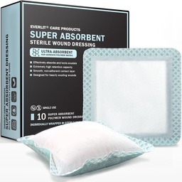 EVERLIT Super Absorbent Dressing for Wound Care | Nonstick Soft Surgical Gauze Pad for Heavily Exuding Wounds | Large Sterile Non-Adhesive Bandage for Fast Healing Wound Care | Pack of 10 (4" x 4")