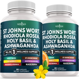 NEW AGE St Johns Wort, Rhodiola Rosea, Holy Basil, Ashwagandha - Support for Women and Men with Vitamin C & Black Pepper Extract - 120 Count