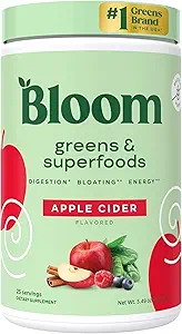 Bloom Nutrition Superfood Greens Powder, Digestive Enzymes with Probiotics and Prebiotics, Gut Health, Bloating Relief for Women, Chlorella, Green Juice Mix with Beet Root Powder, 25 SVG, Apple Cider