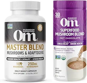 OM MUSHROOM SUPERFOOD Master Blend Mushrooms Capsule and Hot Chocolate Mushroom Powder Bundle