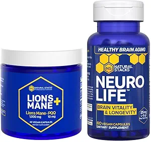 NATURAL STACKS Lions Mane+ Mushroom + NeuroLife Supplement Bundle - Supports Memory, Vitality & Longevity - 120 Total Capsules
