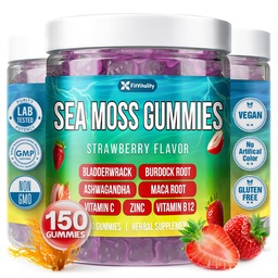150 Sea Moss Gummies | 9-in-1 Formulation with Irish Sea Moss, Ashwagandha, Burdock, Elderberry, Bladderwrack, Maca, Zinc, B12 | Energy & Immune Support | Strawberry Flavor Vegan Gummies