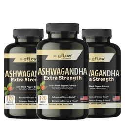 gflow vitamins Ashwagandha Supplements for Women and Men | Sleep, Mood and Energy Support | Extra Strength, Vegan Friendly, Non-GMO, Made in USA - Pack of 3