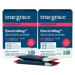 True Grace ElectroMag - 16 Stick Packs (Pack of 2) - Watermelon - Electrolyte Powder for Rapid Hydration - Sodium, Potassium, Magnesium & Cordyceps - Zero Sugar & Carbs - Non-GMO - 32 Total Servings
