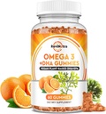 Omega 3 Gummies, Omega 3 Fish Oil Supplements Alternative with EPA & DHA, CoQ10, Folate, Vitamin A, D3, E, Supports Brain, Joint, Heart, Eye, and Immune System Function-Orange Flavor, 60 Gummies