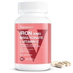 Iron Bisglycinate 30 mg with Vitamin C - High Absorption Iron Supplements for Anemia, Energy & Healthy Red Blood Cells - Gentle on Stomach, Non-Constipating, Non-GMO - 90 Vegan Capsules