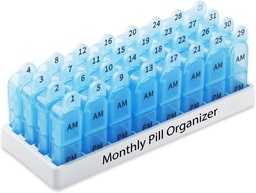 Daviky Monthly Pill Organizer 2 Times a Day, 30 Day Pill Box AM PM with Separate Container, One Month Medicine Case Twice a Day to Hold Vitamins, Supplements and Medication (Blue)