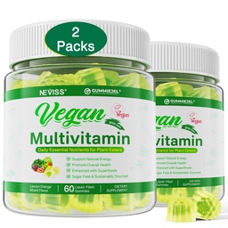 NEVISS (2 Pack) Vegan Multivitamin for Women & Men with Methyl B12, D3 K2, Plant Based Omega 3, Iron, Choline, Zinc, Whole Food Daily Vitamins Gummies for Vegans & Vegetarians, Sugar Free