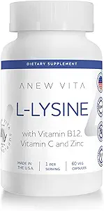 L-Lysine Supplement with Vitamin B12 + C + Zinc for Lip, Mouth, and Oral Tissue Health - Enhanced Wellness Support - Non-GMO, Gluten-Free - Made in USA - 60 Vegetable Capsules, 500mg